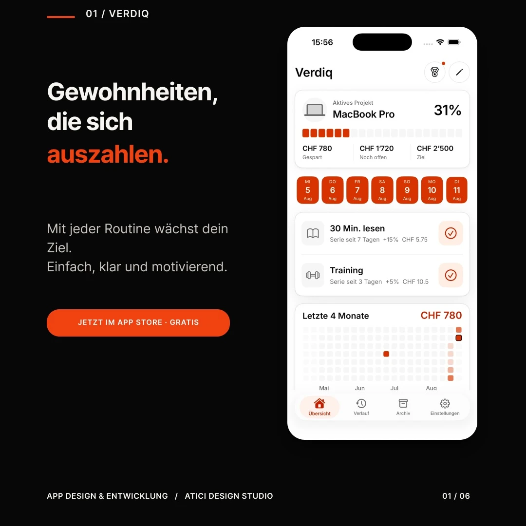 Verdiq – App-Design mit persönlichem Sparziel und täglichen Gewohnheiten