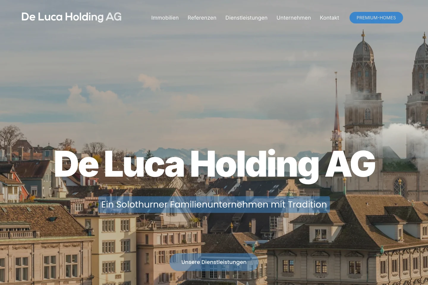 Website der De Luca Holding AG mit Stadtansicht und Unternehmensvorstellung
